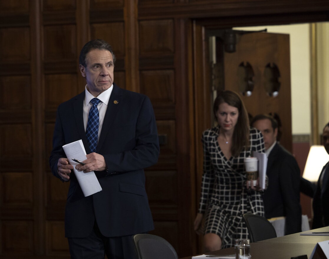 Gov. Andrew Cuomo, left, begins his daily coronavirus briefing at the State Capitol on Tuesday. At right, Chief of Staff Melissa DeRosa and Health Commissioner Dr. Howard Zucker.